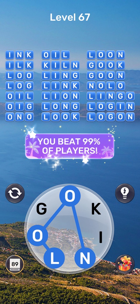 Word Oasis: Calm Puzzle Game - Observe the dynamic mountain and lake backgrounds that change with progression, alongside achievement pop-ups like 'YOU BEAT 99% OF PLAYERS!'.