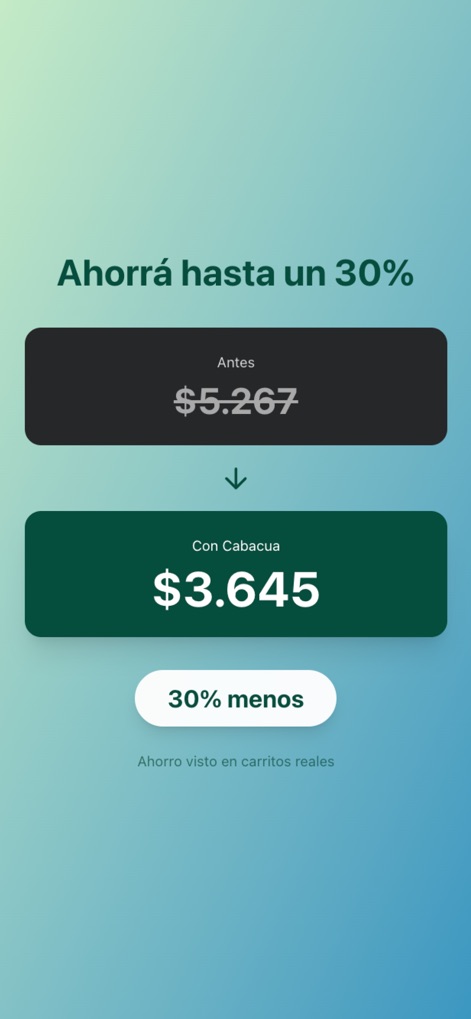 Cabacua - The app vividly demonstrates potential cost reductions, showcasing large percentage savings and actual monetary differences in cart values.