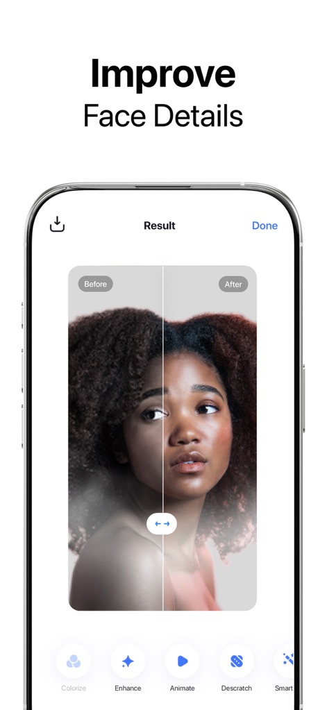 Pixelup: AI Photo Enhancer App - AIを活用したこの機能は、顔のディテールを正確に補正し、肌の質感や表情を自然に向上させます。