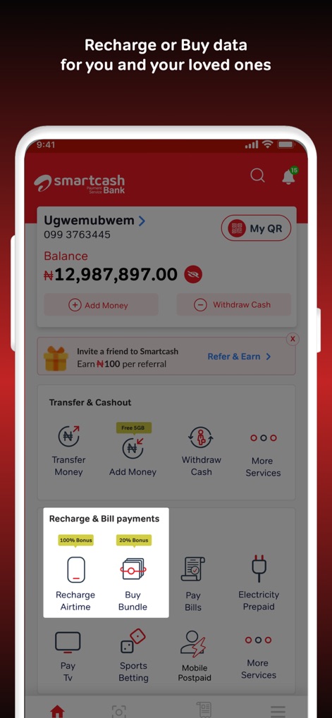 Smartcash PSB - The app's dashboard provides an immediate overview of the user's balance and offers direct access to essential services like "Recharge Airtime" and "Buy Bundle" for digital services.