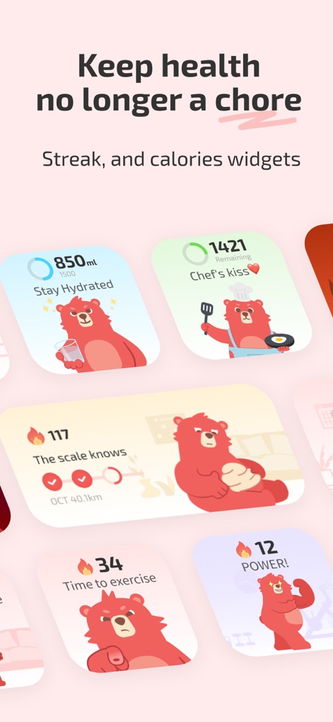 Fito: Fitness Streak, Calorie - Users can monitor various health metrics through customizable widgets, featuring the cute Fito bear illustrating hydration levels and calorie intake.