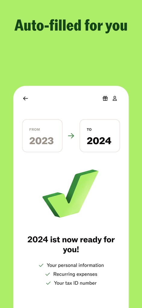 Taxfix: Tax return for Germany - This screenshot illustrates the app's "Auto-filled for you" capability, showing the effortless transfer of data from "2023 to 2024" and the automatic population of personal information, recurring expenses, and tax ID number.