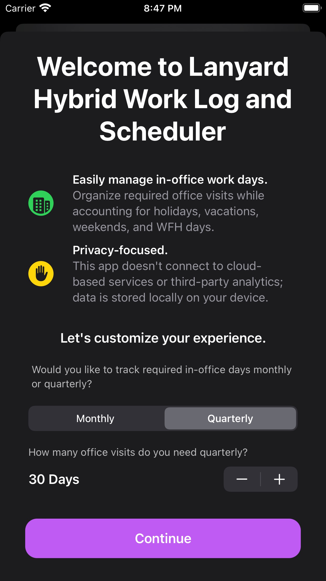 Screenshot do app Lanyard: Hybrid Work Log