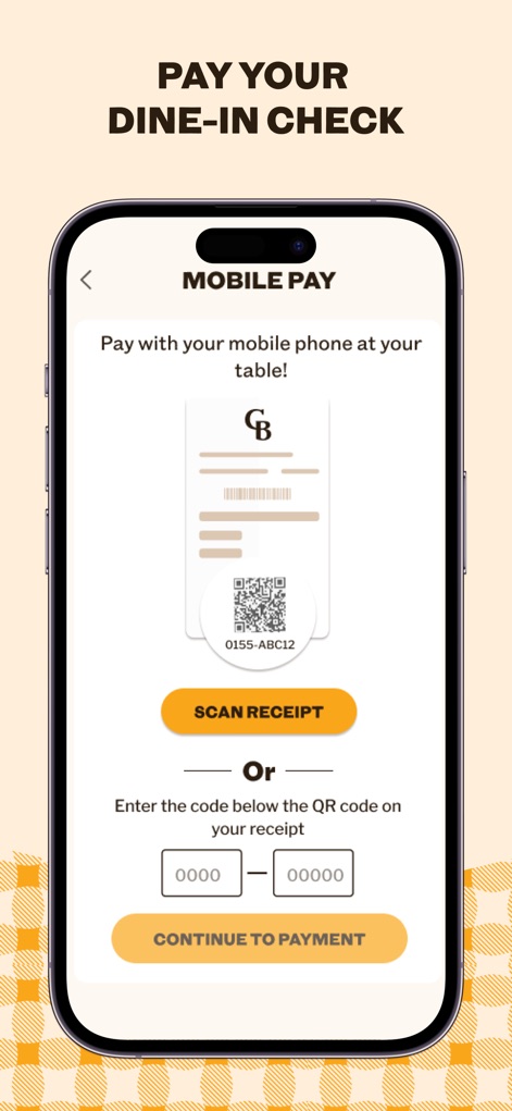 Cracker Barrel - This feature facilitates quick dine-in payments, allowing guests to 'scan their receipt' via a QR code or manually enter a code for a seamless checkout experience.