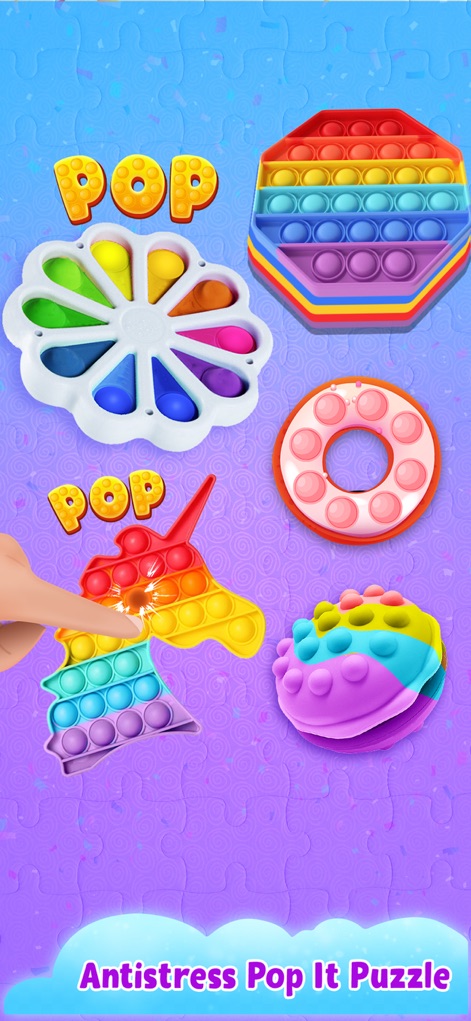 Fidget Toys 3D - Pop It Game - Enjoy a rich assortment of anti-stress pop-it designs, such as the colorful hexagonal shape and the whimsical unicorn being actively popped.