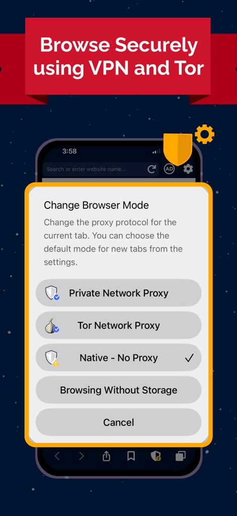 VPN UK - Free VPN and Browser - Dieses Bild demonstriert die flexiblen Sicherheitsoptionen des Browsers, die es Nutzern ermöglichen, zwischen verschiedenen Modi wie dem Tor Network Proxy und dem Private Network Proxy zu wählen.