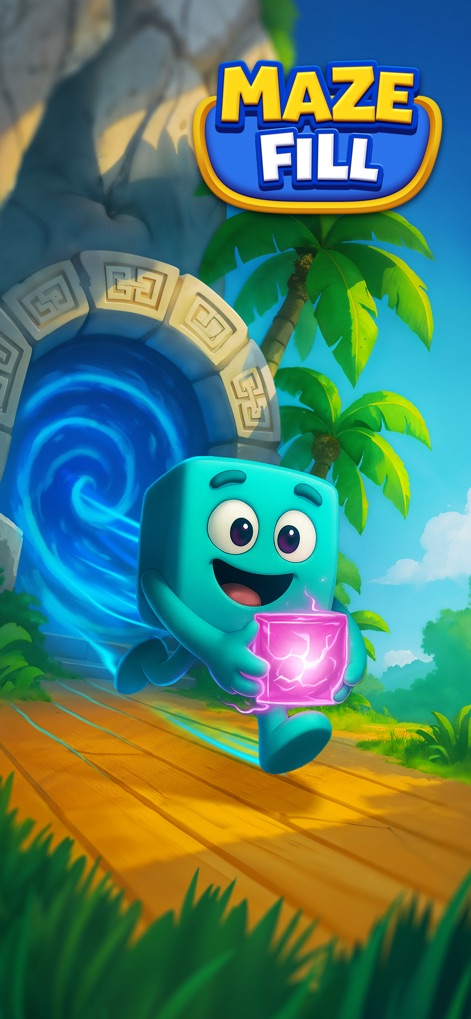 Maze Fill - The dynamic "Maze Fill" logo introduces the game, starring an energetic blue character holding a glowing cube, setting the tone for a captivating puzzle experience.