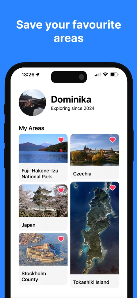 Been To - Track Your Places - ユーザーは「ドミニカ」という名前と探索開始年を示すプロフィールセクションを閲覧し、お気に入りの「富士箱根伊豆国立公園」や「チェコ」といった場所を視覚的なサムネイルで保存できます。