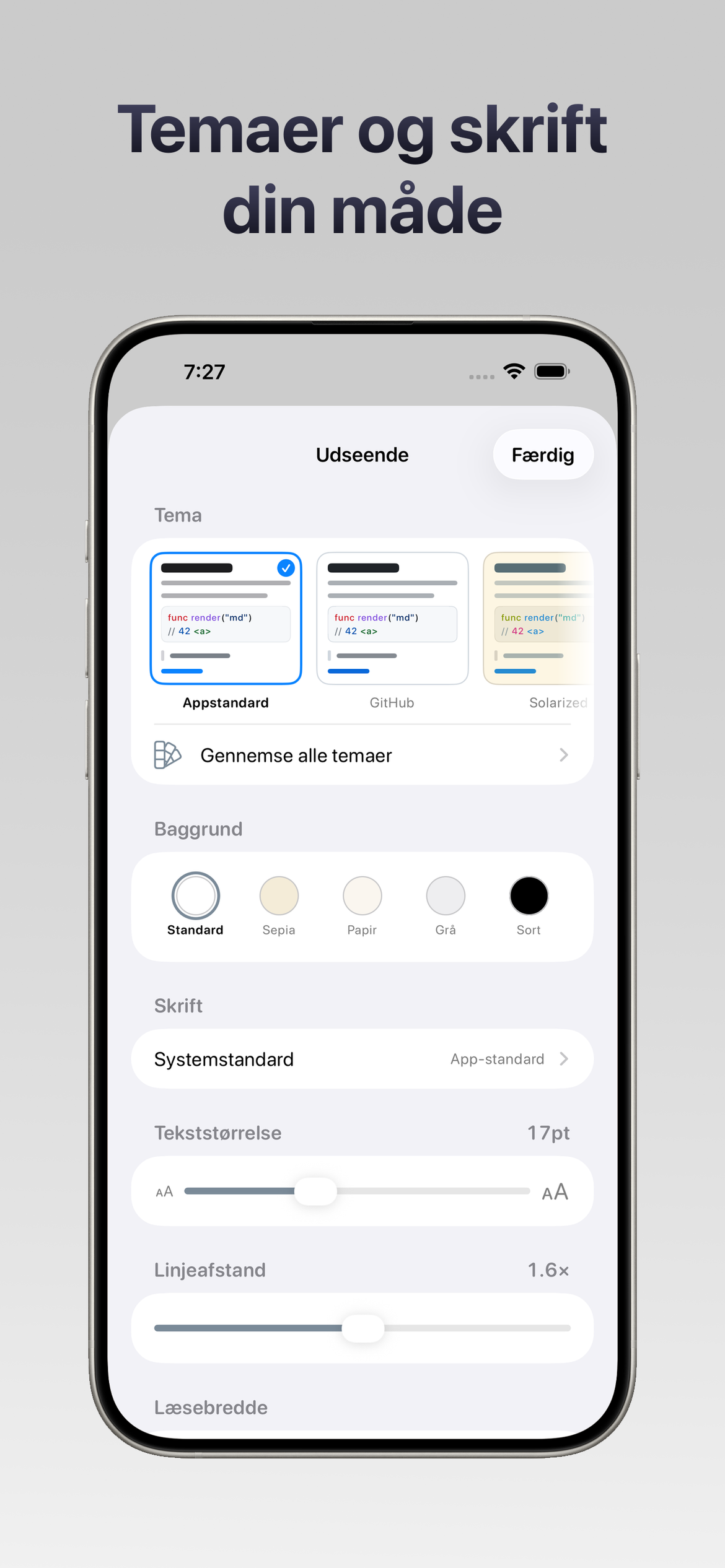 Markdown.md - Læser — Temaer og typografi, som du vil