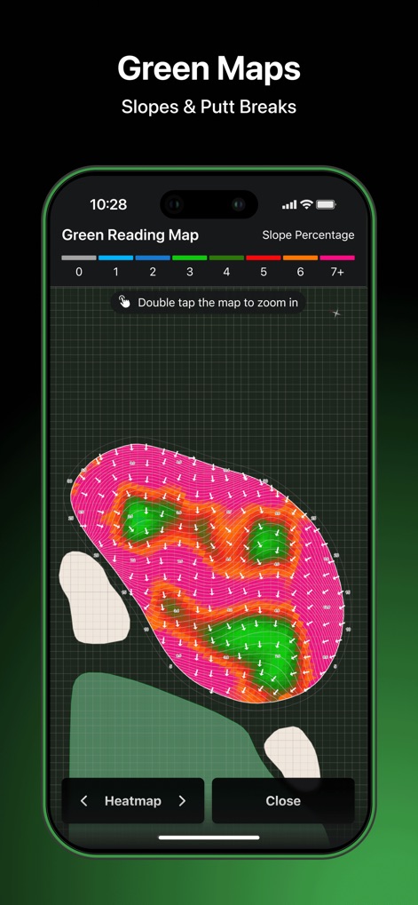SwingU: Golf GPS Range Finder - The tool provides sophisticated green maps displaying slope percentages via a heatmap and precise arrows indicating putt breaks for superior short game strategy.