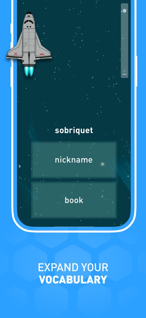 Elevate - Brain Training Games - Users can expand their vocabulary through engaging games, such as matching "sobriquet" to its definition "nickname," presented within an interactive space-themed interface.