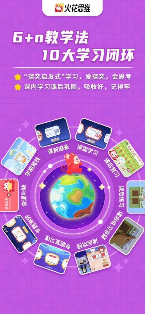 火花思维课堂（学生端）-幼儿早教数学思维益智开发 - L'app implementa il metodo di insegnamento "6+N" attraverso 10 cicli di apprendimento principali, rappresentati dalle icone circolari che ruotano attorno al globo centrale.