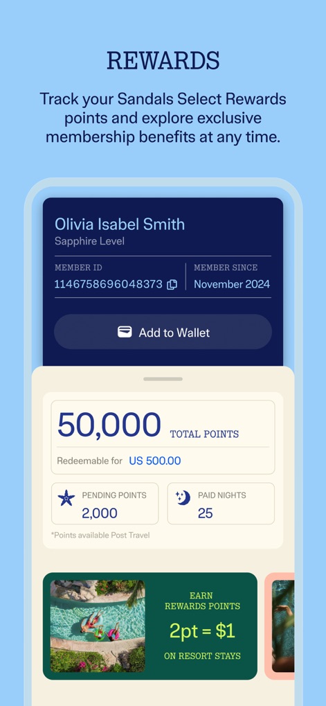 Sandals & Beaches Resorts - The app provides a comprehensive overview of a user's loyalty status, displaying their member level and current points balance with clear redemption value.