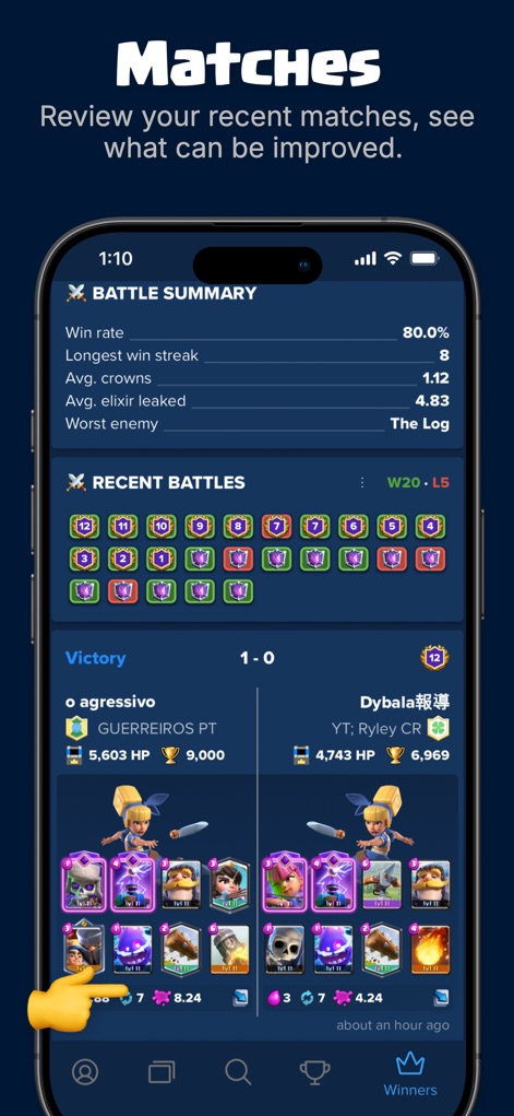 Stats Royale for Clash Royale - Esta sección permite a los usuarios revisar su "Battle Summary" con estadísticas clave como el "Win rate" y examinar las cartas utilizadas en sus "Recent Battles" para identificar fortalezas y debilidades.