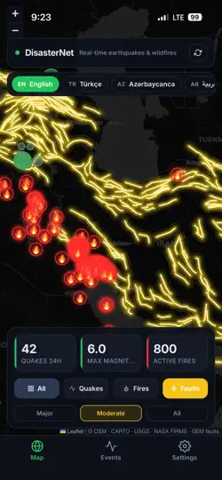 Capture d'écran de DisasterNet — Quakes & Fires sur iPhone 2
