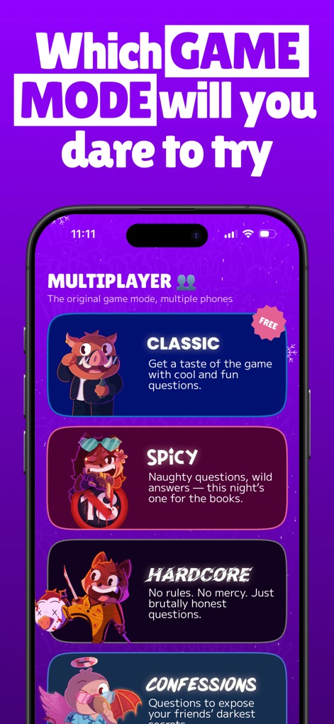 Insight: Party Game - L'outil propose une sélection diverse de modes de jeu comme "Classique" et "Spicy", chacun présenté avec une icône distinctive et une brève description du type de questions.
