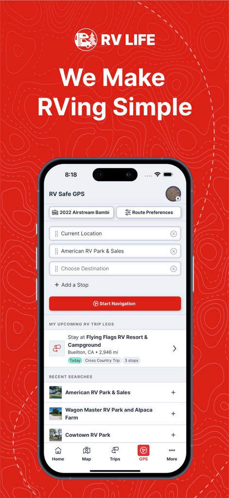RV LIFE - RV GPS & Campgrounds - L'app offre un sistema di navigazione sicuro per RV, con un chiaro pulsante "Start Navigation" per avviare il percorso e una sezione "My Upcoming RV Trip Legs" per visualizzare le tappe future.