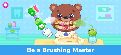 Kids Doctor Games: Hospital 3+ - Die App visualisiert das Zähneputzen bei einem Bären-Charakter, indem Nutzer eine Zahnbürste verwenden können, um die auf den Zähnen abgebildeten Keime zu entfernen und so Mundhygiene zu lehren.