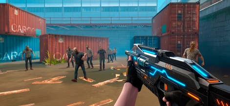 Zombie Apocalypse・Shooter Game - Unleash devastating firepower with an advanced, glowing energy weapon as users confront a relentless wave of zombies in a confined shipping container zone.