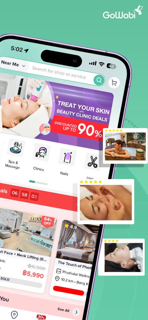 GoWabi - Beauty & Wellness - This tool organizes diverse beauty and wellness options into clear categories like "Spa & Massage" and prominently displays "TREAT YOUR SKIN WITH BEAUTY CLINIC DEALS" to highlight savings.