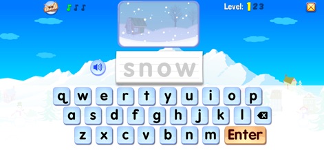 Starfall - Gli utenti possono esercitarsi con la fonetica attraverso un'attività di digitazione, con la parola 'snow' in evidenza e un suggestivo paesaggio invernale.