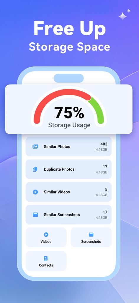 Photo Recovery: phone cleanup - Users can quickly assess their storage usage through a prominent meter and review categorized breakdowns of files like similar photos and duplicate videos that consume space.