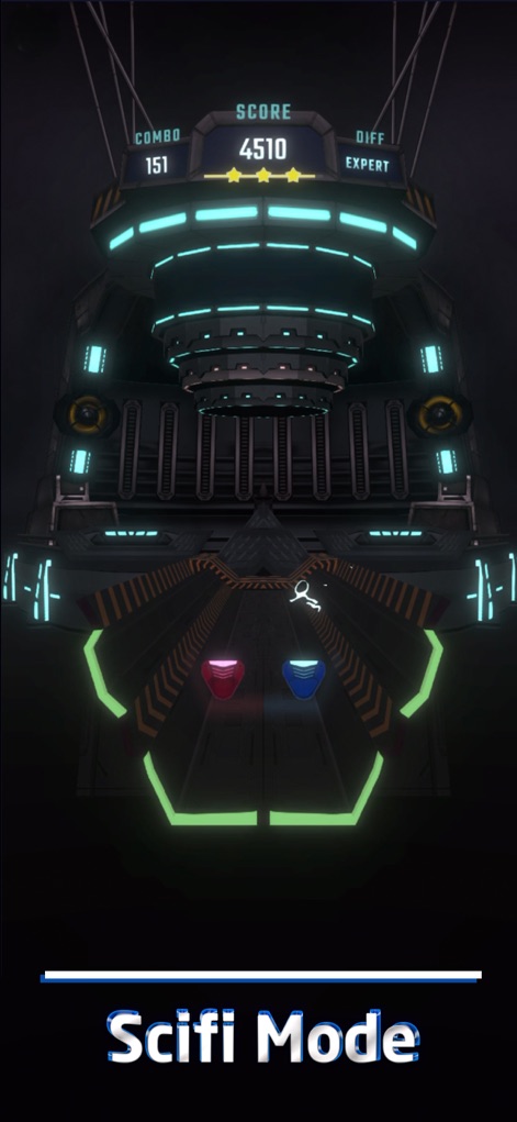 Beat Swiper - Explore the futuristic 'Scifi Mode' aesthetic, highlighting metallic structures and distinctive glowing red and blue beat shapes.