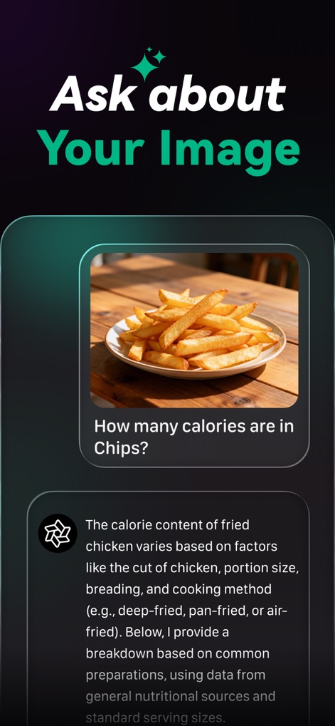 Chat AI 5: AI Agent & Video - Esta herramienta permite a los usuarios interactuar con el contenido visual, formulando preguntas directamente sobre imágenes, como se ve con la foto de papas fritas y la consulta sobre su contenido calórico.