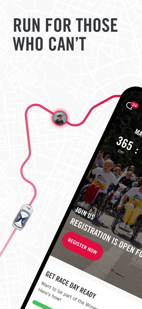 Wings for Life World Run - The app vividly illustrates the innovative Virtual Catcher Car mechanism and highlights the countdown to registration, inviting users to join.