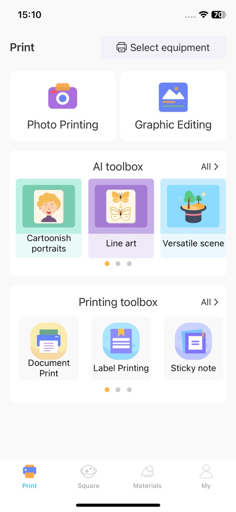Tiny Print - The app's main dashboard efficiently organizes powerful features, from the 'AI toolbox' for artistic image applications to the 'Printing toolbox' for practical document tasks.