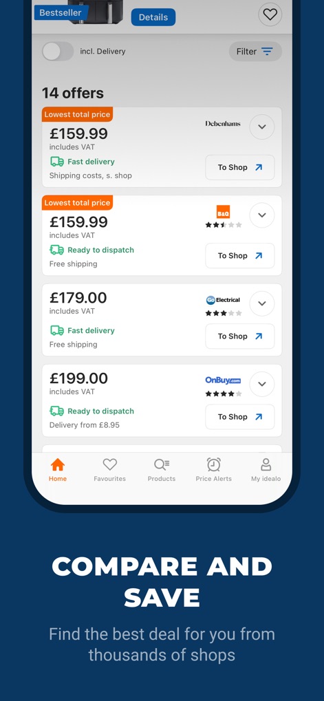 idealo - Price Comparison - The app presents a clear comparison of various offers from different shops, detailing their "Lowest total price" and specific shipping information for informed choices.