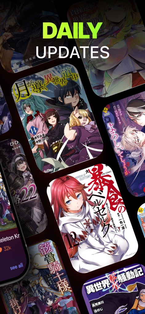 Manga Reader ㅤ - O aplicativo garante "Atualizações Diárias", mantendo os leitores engajados com novos capítulos de diversos títulos e uma galeria rotativa de capas.
