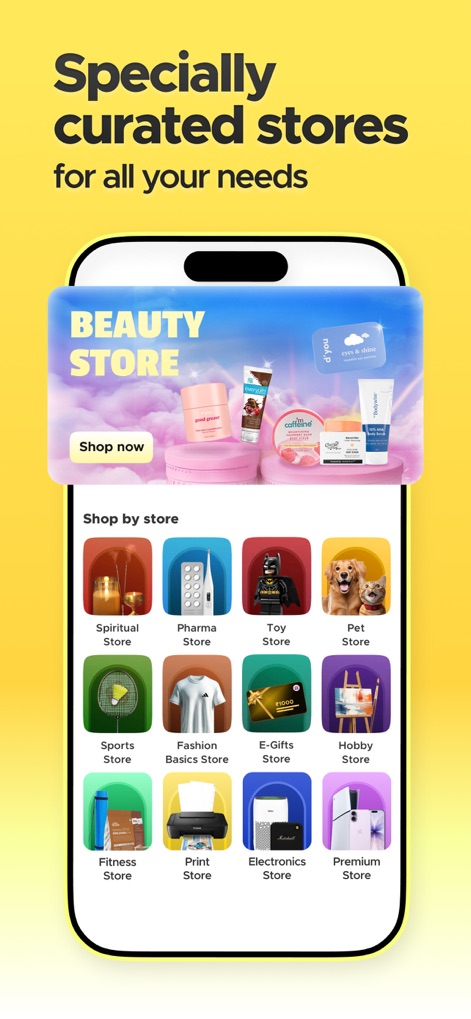 Blinkit: Groceries & more - This section reveals a comprehensive 'Beauty Store' and a range of other dedicated categories like 'Electronics Store' and 'Pet Store' for diverse shopping requirements.