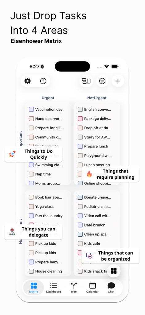 Eisenhower Matrix: Todo & Task - このアプリでは、タスクを「緊急」と「重要」の二軸で構成された4つの象限に直感的に分類できます。ドラッグアンドドロップによる簡単な操作で、タスクを適切な象限に配置し、優先順位を視覚的に管理することが可能です。