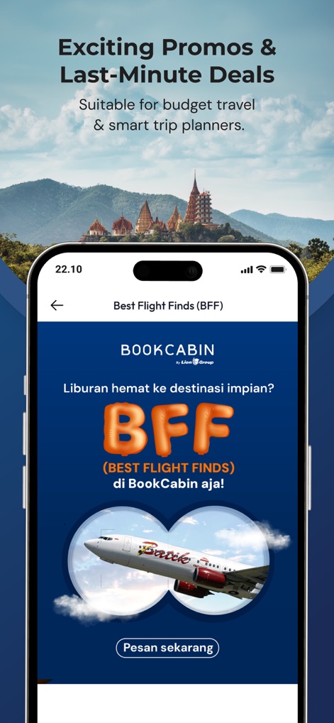 BookCabin - Discover exclusive offers and last-minute deals, prominently featuring the eye-catching 'BFF (Best Flight Finds)' graphic and a direct 'Pesan sekarang' button for instant bookings.