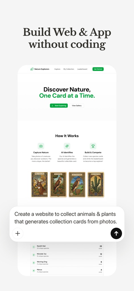 Manus - AI Agent & Automation - O aplicativo capacita a criação de aplicações e sites sem codificação, exemplificado pela interface 'Discover Nature' e a sugestão de 'gerar cartões de coleção'.