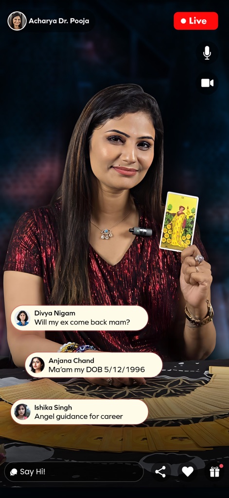 Anytime Astro Live Chat & Talk - Participate in dynamic "Live Sessions" featuring expert astrologers, where users can interact and pose questions such as "Will my ex come back mam?" in real-time.