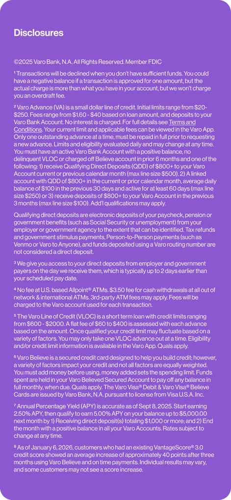 Varo Bank: Online Banking - Users can review the comprehensive 'Disclosures' section, which presents numbered legal terms and conditions for full transparency.