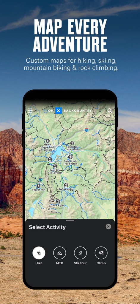 onX Backcountry: Trail GPS App - The app offers comprehensive maps with activity-specific layers, allowing users to select modes such as 'Hike' or 'MTB' to tailor their view.