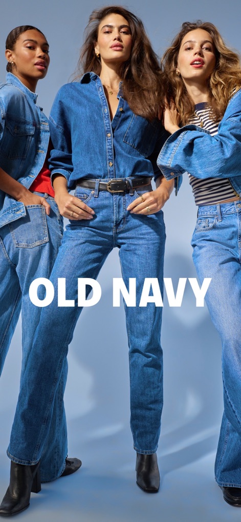 Old Navy: Shop for New Clothes - Users are welcomed to the app with prominent branding and aspirational lifestyle imagery, setting the stage for a seamless shopping journey.