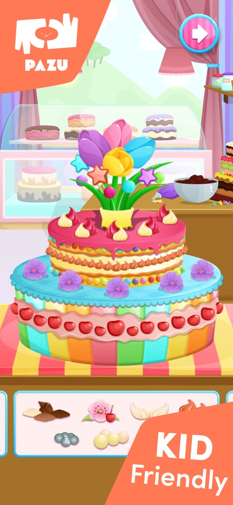 Cake maker Cooking games - 이 앱은 튤립과 별 모양으로 장식된 화려한 케이크를 보여주며, 하단의 다채로운 꽃과 체리 데코레이션으로 아이들이 자신만의 독특한 케이크를 만들 수 있도록 돕습니다.