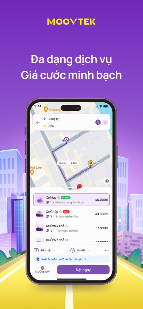 MOOVTEK - Witness the app's transparent pricing structure and a diverse range of vehicle options, clearly displaying estimated costs and travel times for each service type.