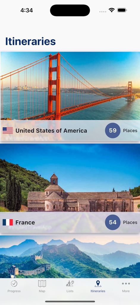 Visited: Travel Tracker & Map - L'application propose des itinéraires prédéfinis pour des destinations majeures telles que les États-Unis et la France, avec des visuels attrayants et le nombre de lieux inclus.