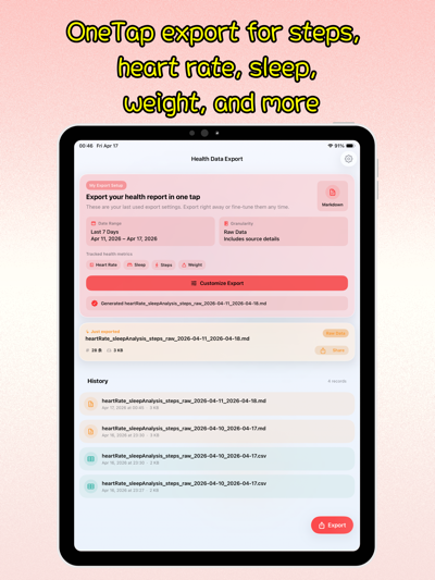 Health Data Export iPad screenshot showing Export the last 7, 30, or 90 days, or choose your own custom date range