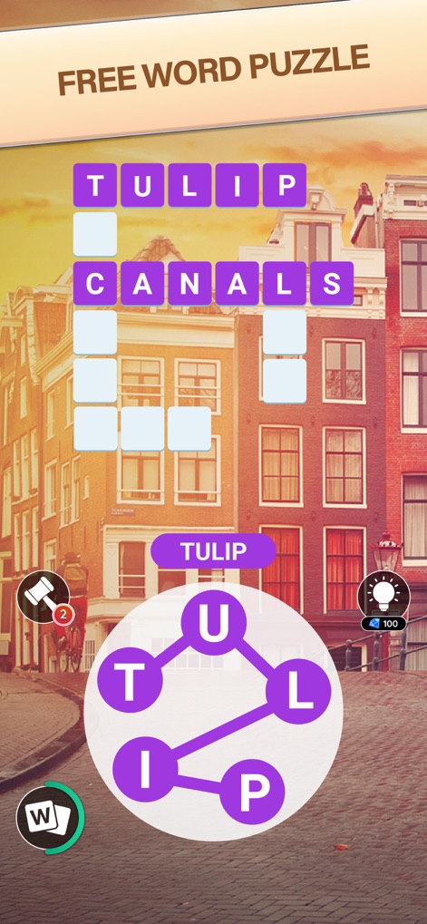Word City: Connect Word Game - Esta experiencia gratuita permite a los jugadores resolver rompecabezas como "TULIP" y "CANALS" en un pintoresco escenario de los canales de Ámsterdam.