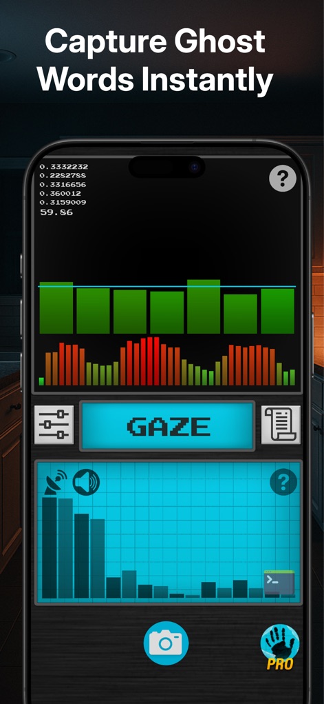 Ghost Hunting Tools - Detector - The app provides instantaneous word captures like 'GAZE' alongside live EMF fluctuations, delivering immediate insights into paranormal presence.