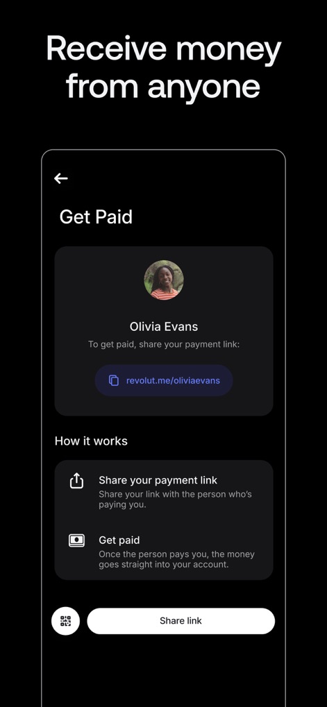 Revolut — Teen Finance - ユーザーは個人用の支払いリンクを共有することで誰からでも資金を受け取ることができ、Olivia Evansのような具体的な支払いリンクの表示が特徴です。