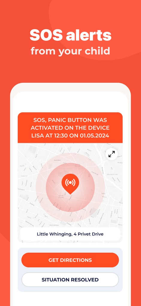 Parental Control App - Kidslox - The app features crucial 'SOS, PANIC BUTTON WAS ACTIVATED' alerts, instantly notifying parents of emergencies and displaying the child's precise location on the map for rapid response.