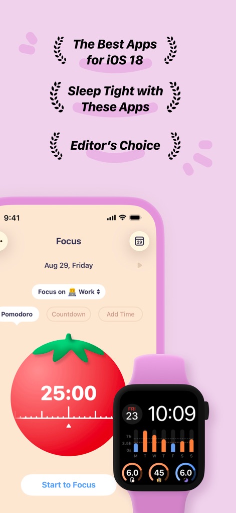 OffScreen: Screen Time Control - 集中モード画面では、生産性を高めるためのポモドーロタイマーが利用でき、Apple Watch連携により手元で集中データの確認が可能です。