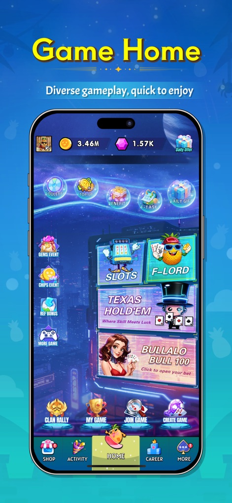 智星德州-菠蘿-PA Poker（牛牛,水果机,斗地主） - Die Startseite präsentiert eine vielfältige Auswahl an Spielmodi wie Slots und Texas Hold'em, ergänzt durch die übersichtliche Anzeige der virtuellen Währungen des Spielers.